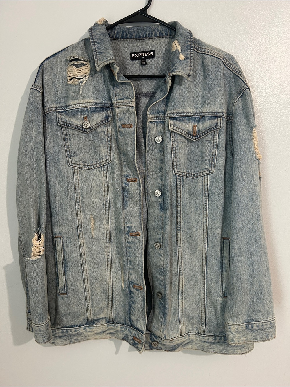 Express Oversized Distressed Light Wash Denim Jacket